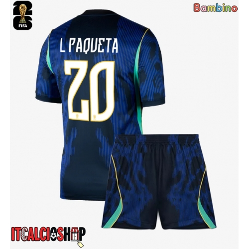 Brasile Lucas Paqueta #20 Seconda Maglia Bambino Mondiali 2026 Manica Corta (+ Pantaloni corti)